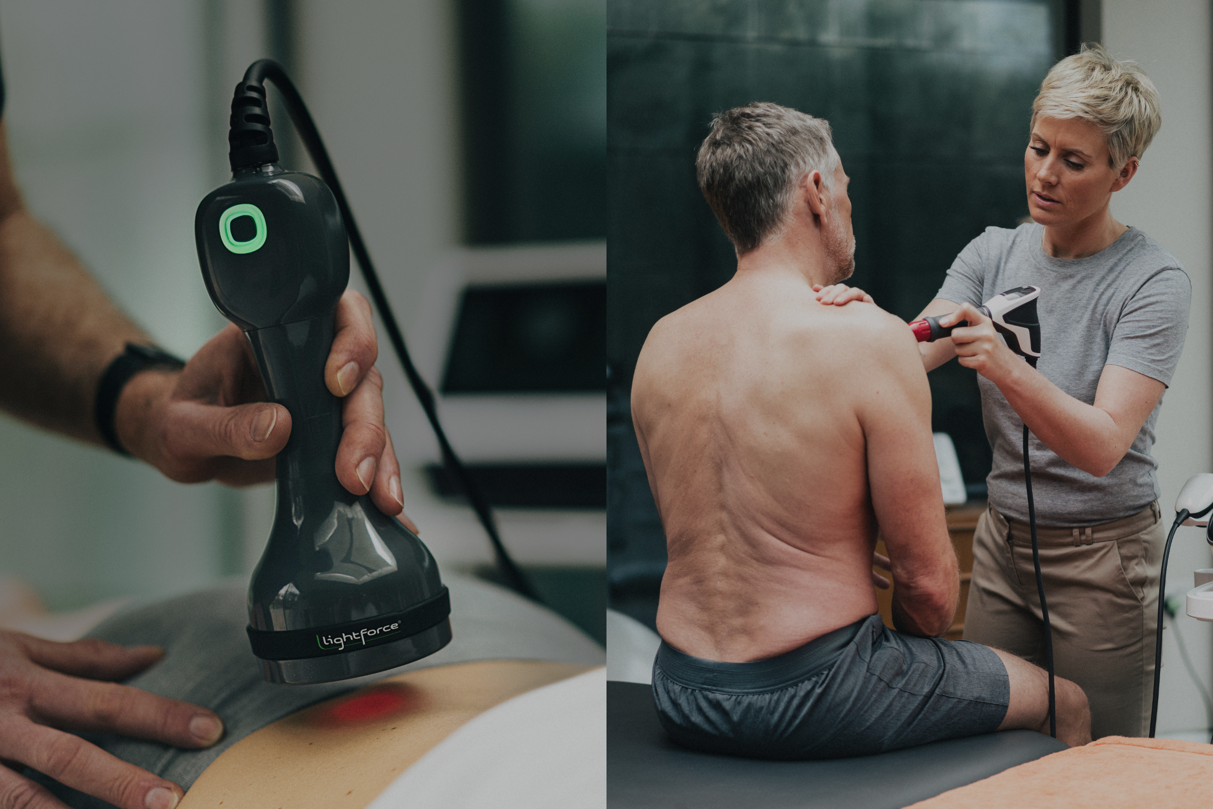 laser on patient back, doctor applying shockwave to another patient's shoulder