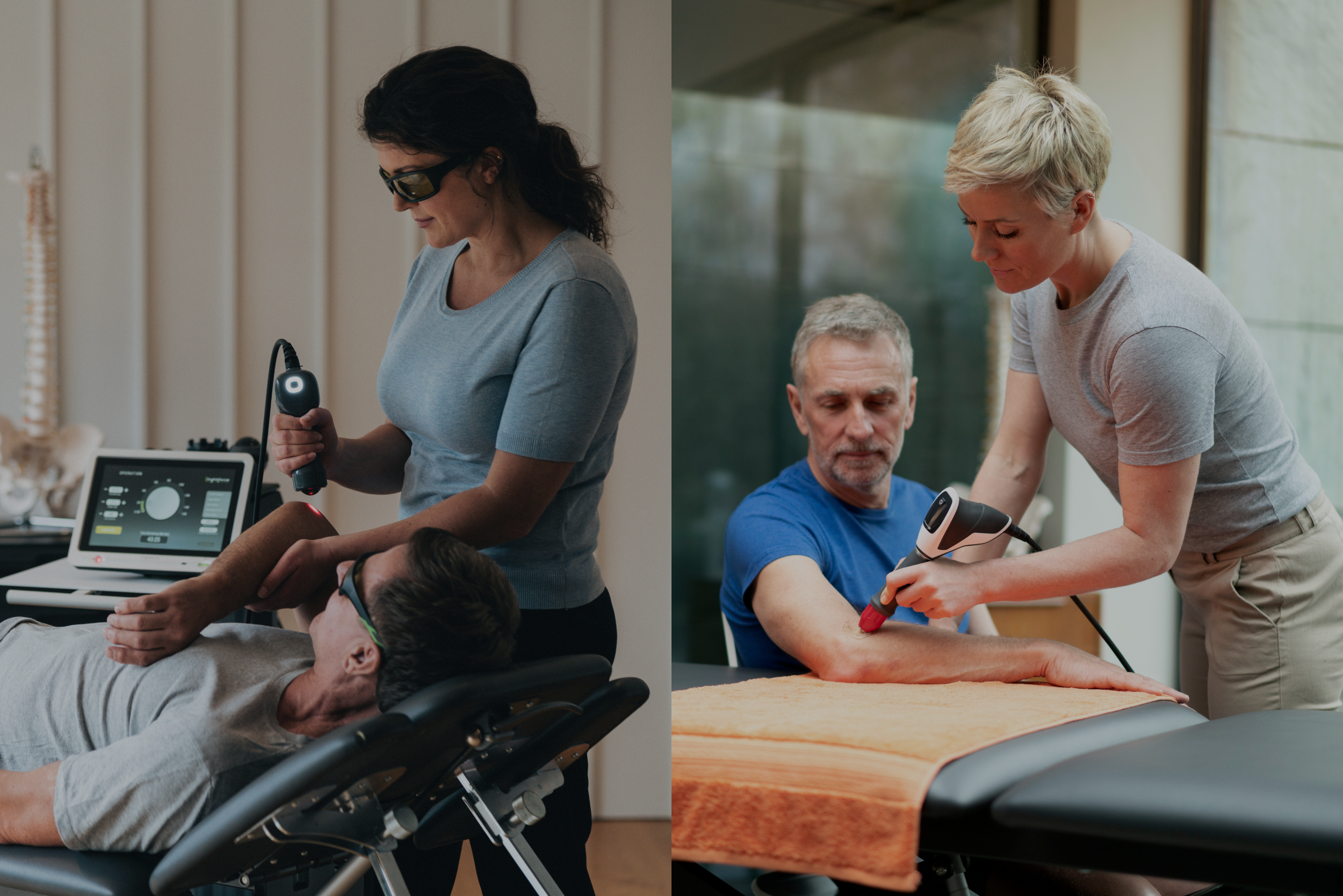 patient on left getting laser on elbow, patient on right getting shockwave on elbow